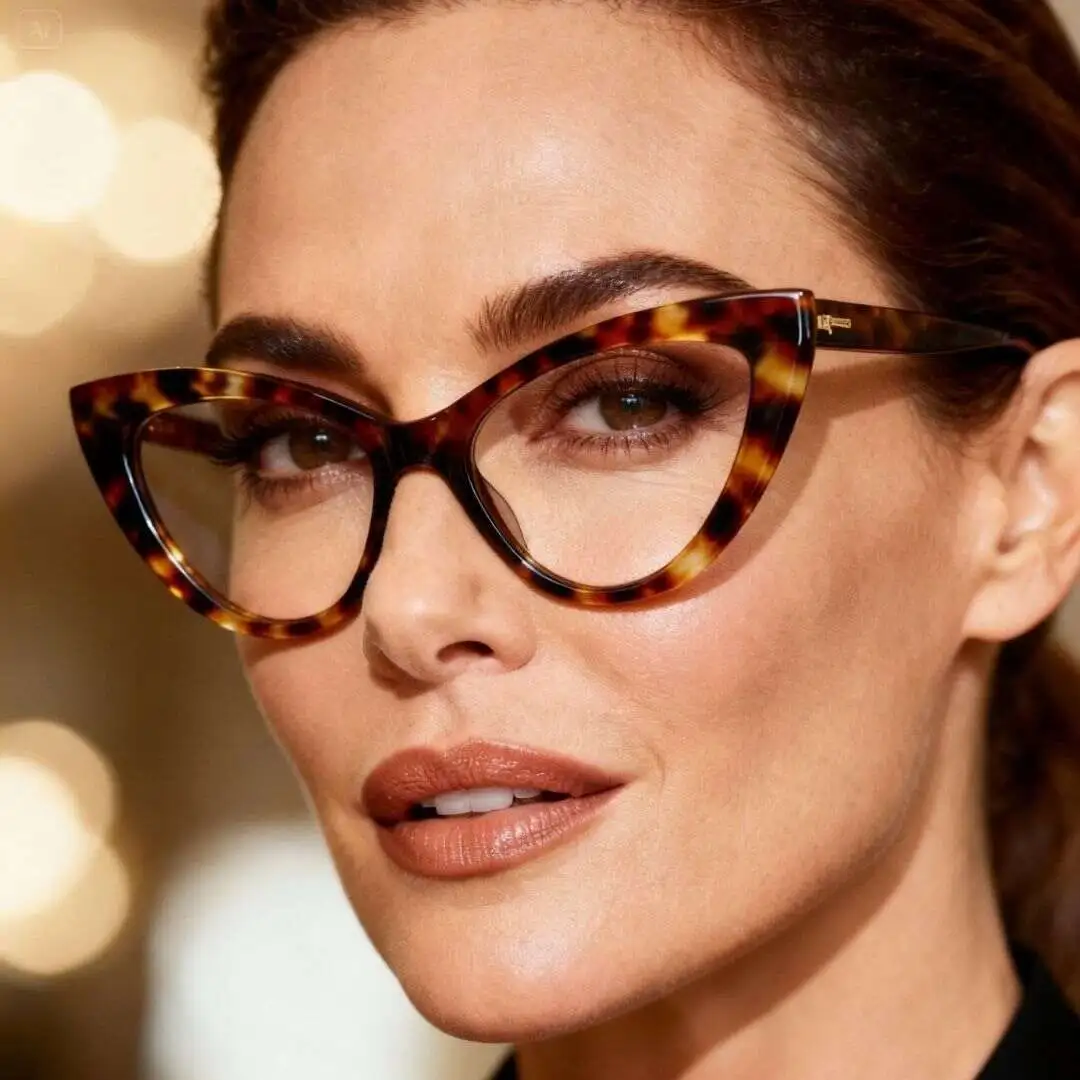 Mulher bonita e confiante usando óculos de grau feminino moderno na Ótica Vision D
