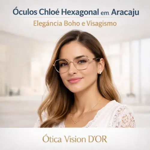 Mulher usando óculos Chloé Hexagonal original em Aracaju, destacando o design geométrico e as hastes delicadas