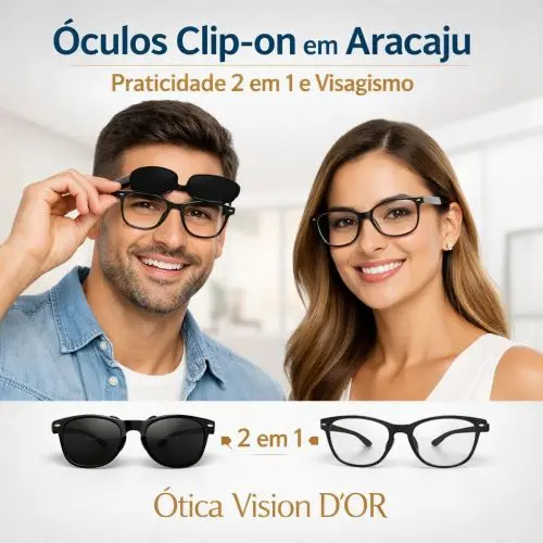 Demonstração de óculos clip-on magnético sendo acoplado na Ótica Vision D'Or em Aracaju