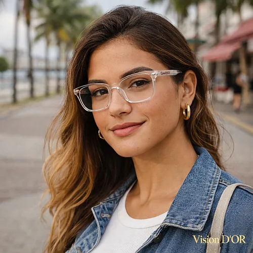 Mulher usando armação de óculos de grau Colcci transparente estilo cristal da Vision D'Or em Aracaju