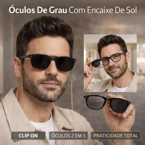 Demonstração de óculos de grau com encaixe de sol magnético sendo acoplado na Ótica Vision D'Or em Aracaju
