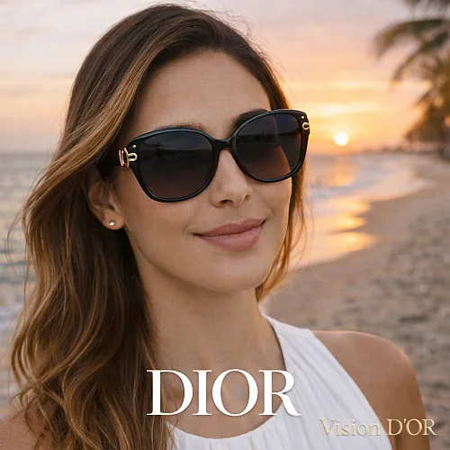 Mulher elegante usando óculos de sol Dior original com acabamento de luxo na Ótica Vision D'Or em Aracaju