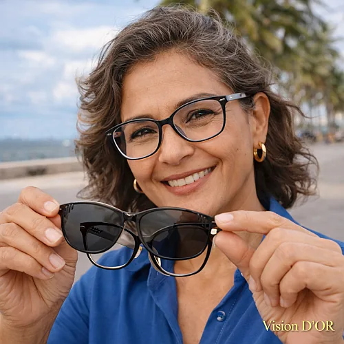Armação de óculos com sistema de imã neodímio e clipe solar polarizado sendo acoplado na Ótica Vision D'Or em Aracaju