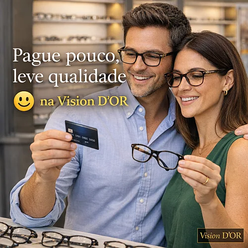 Mostruário de armações de óculos de grau em Aracaju com diferentes materiais e preços na Ótica Vision D'Or