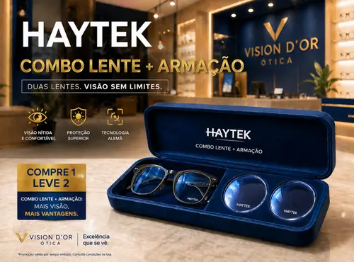 Kit promocional Lente Haytek mais armação premium apresentado em ambiente de ótica em Aracaju.