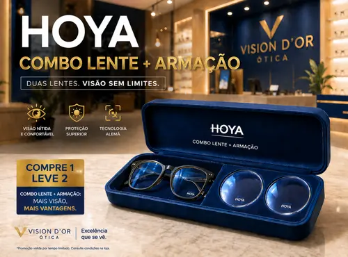 Armação e lentes Hoya em estojo elegante sobre mármore, destacando combo exclusivo em Aracaju.
