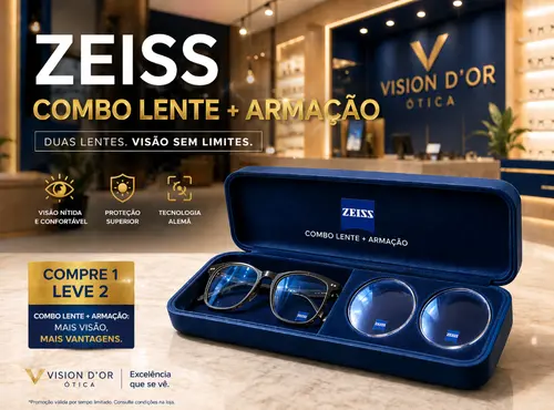 Estojo de luxo aberto com armação moderna e lentes Zeiss, representando o combo promocional em Aracaju.