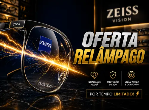 Lente Zeiss de alta tecnologia com efeito de flash e luz destacando oferta relâmpago na Vision D'Or.